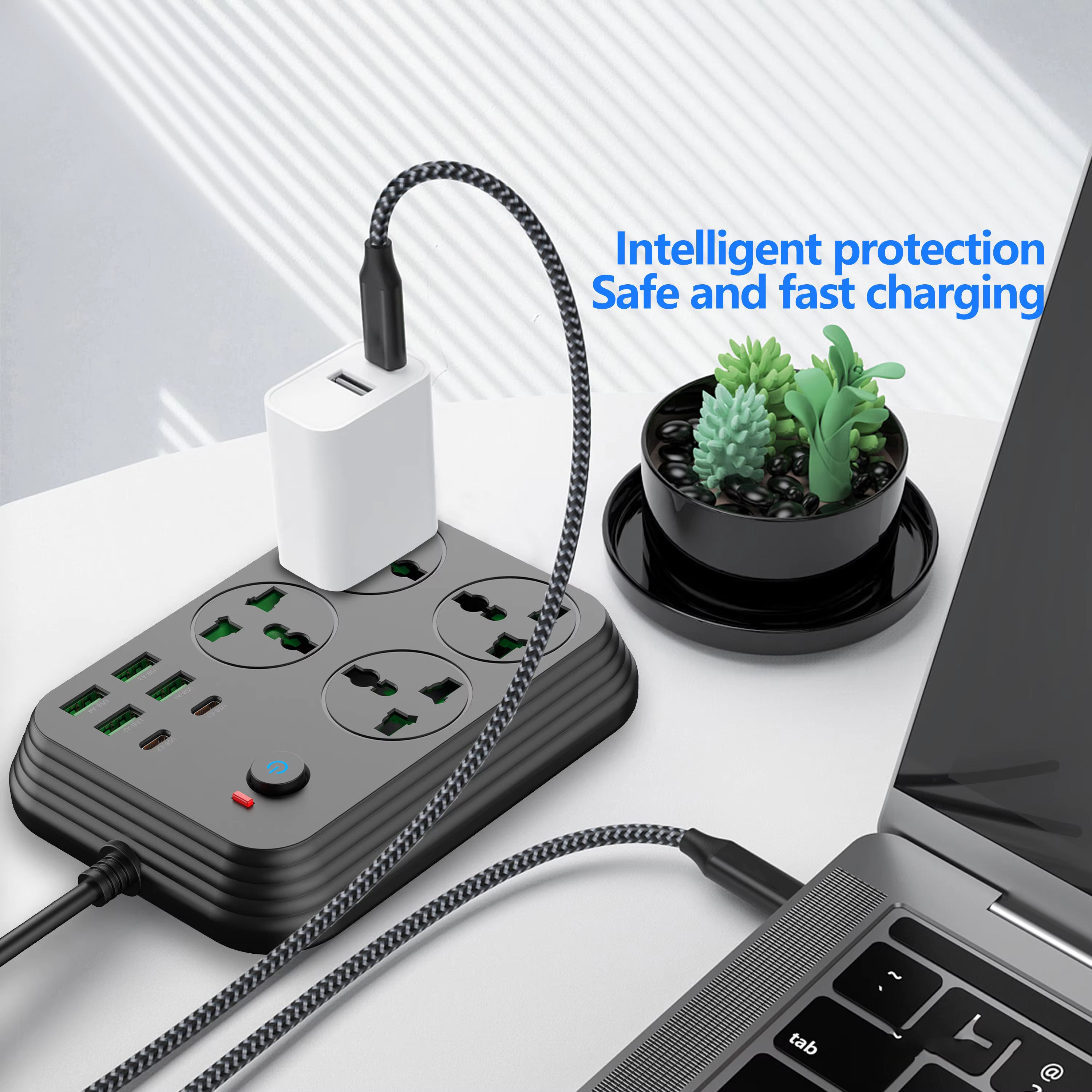 4-Way Universal Extension Board with Master Switch, 4 AC Sockets, 4 USB Ports, 2 Type-C PD Ports - 3000W Output