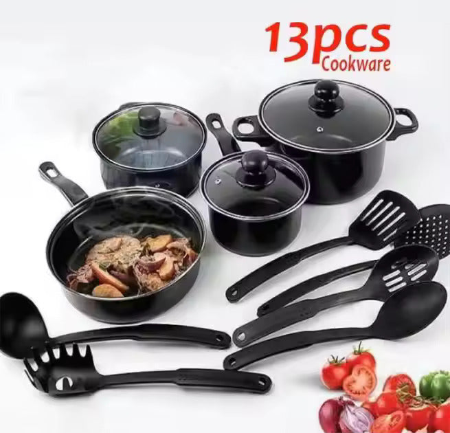 13-Piece Non-Stick Metal Cookware Set with Tempered Glass Lids, Comfort-Grip Handles & Eco-Friendly Coating – Sizes from 14 cm to 22 cm