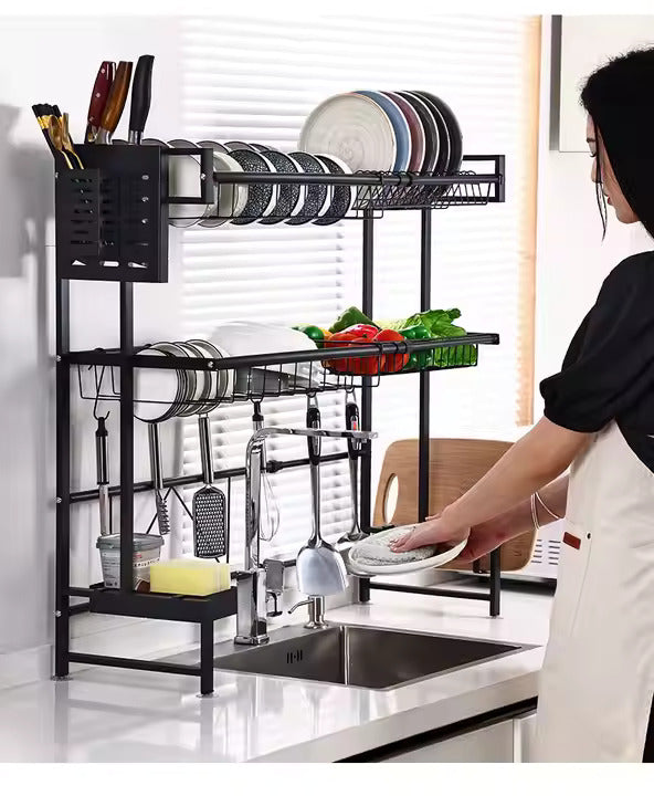 Adjustable Over-the-Sink Expandable Dish Drying Rack with Hooks & Cutlery Holder (62cm to 103cm)