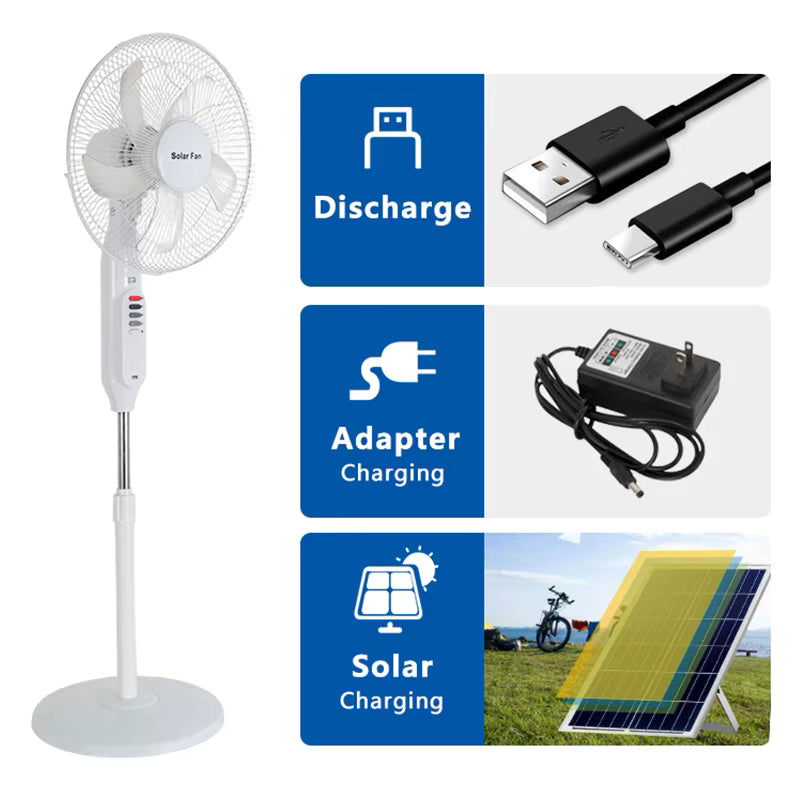 3-in-1 Rechargeable Solar Standing Fan – 16 Inch | Adjustable Height, LED Light, Speed Control & USB Charging Port