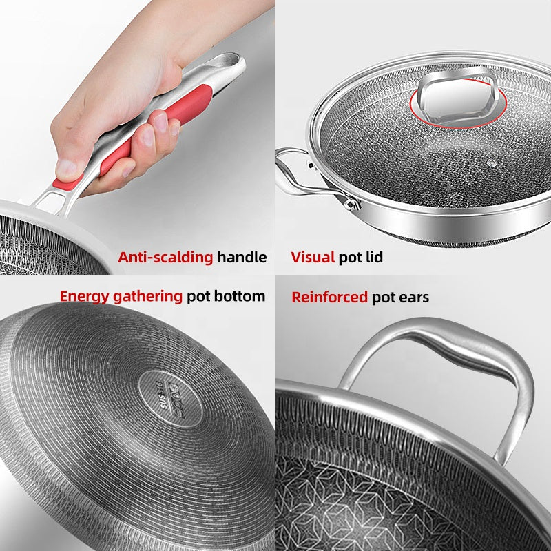 7-Layer Non-Stick Stainless Steel Cooking Pot with Induction Base, Honeycomb Texture & Anti-Oil Smoke Technology – 34CM Deep Stir Fry Cookware