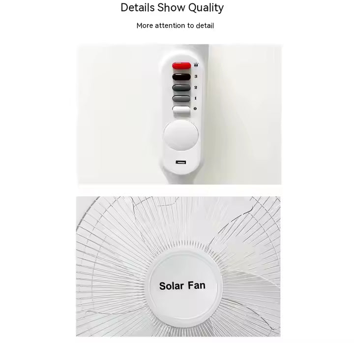 3-in-1 Rechargeable Solar Standing Fan – 16 Inch | Adjustable Height, LED Light, Speed Control & USB Charging Port