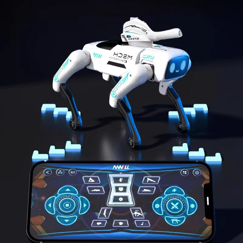 Mech Guardian Intelligent RC Robot Dog Toy with Water Bomb Launcher, LED Eyes, Dancing, and Educational Modes - Rechargeable & Mobile App Controllable