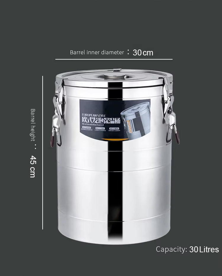 Stainless Steel Insulated Keep Warm Storage Barrel for Food & Liquid Storage - 30 Litres Capacity - 40 x 30 x 30 cm