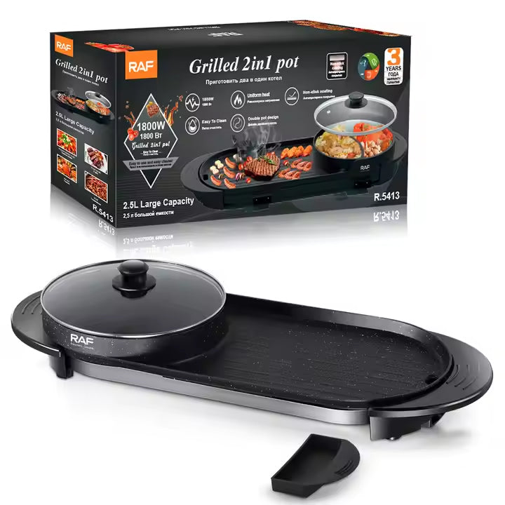 RAF 2-in-1 Electric Barbecue Grill with Hot Pot & Adjustable Temperature – 1800W & 2.5 Litre Capacity