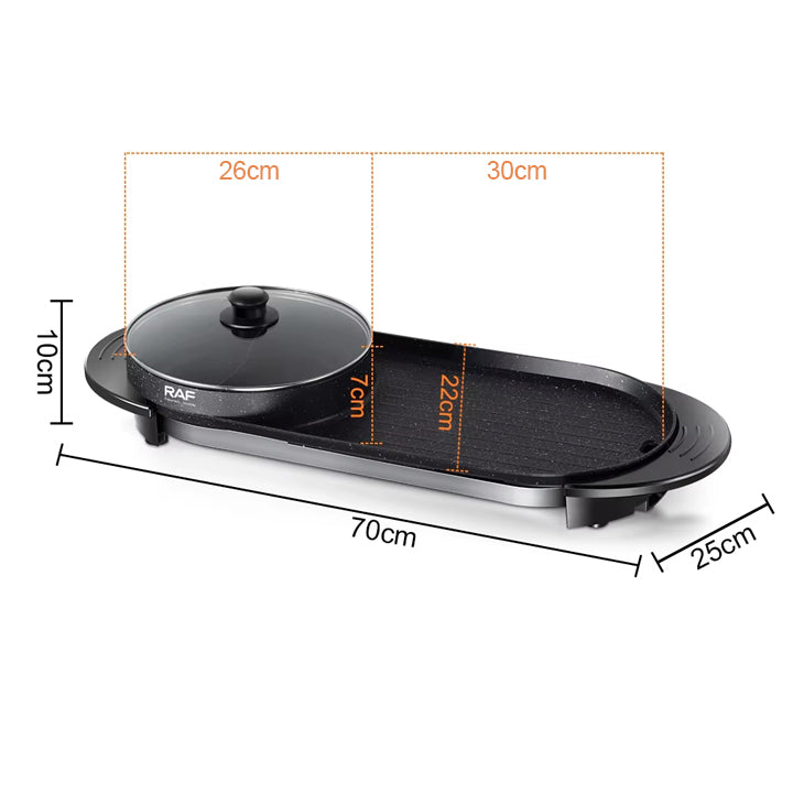 RAF 2-in-1 Electric Barbecue Grill with Hot Pot & Adjustable Temperature – 1800W & 2.5 Litre Capacity