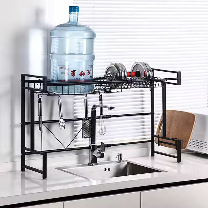 Adjustable Over-the-Sink Expandable Dish Drying Rack with Hooks & Cutlery Holder (62cm to 103cm)