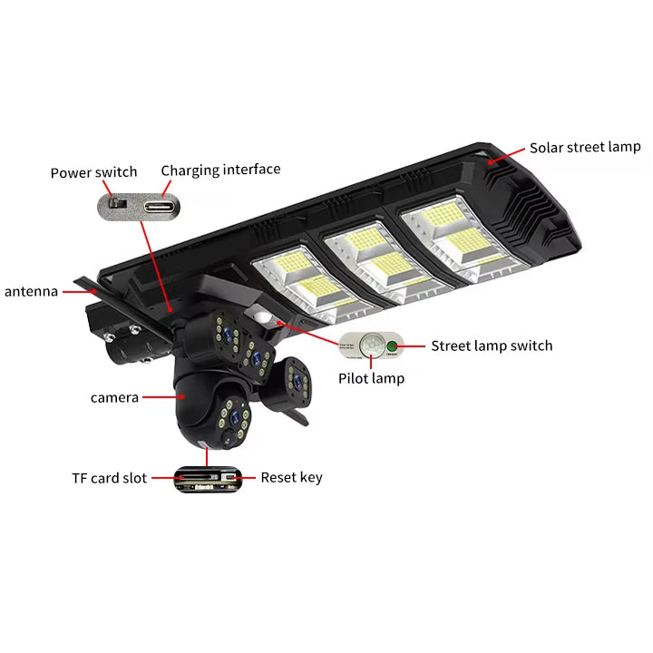 All-in-One Outdoor Solar Street Light with 4G & 4K AI Security Camera, Motion Sensing, Night Vision, 360° Pan-Tilt, Cloud Storage, Mobile App & Remote Control - 450 Watts