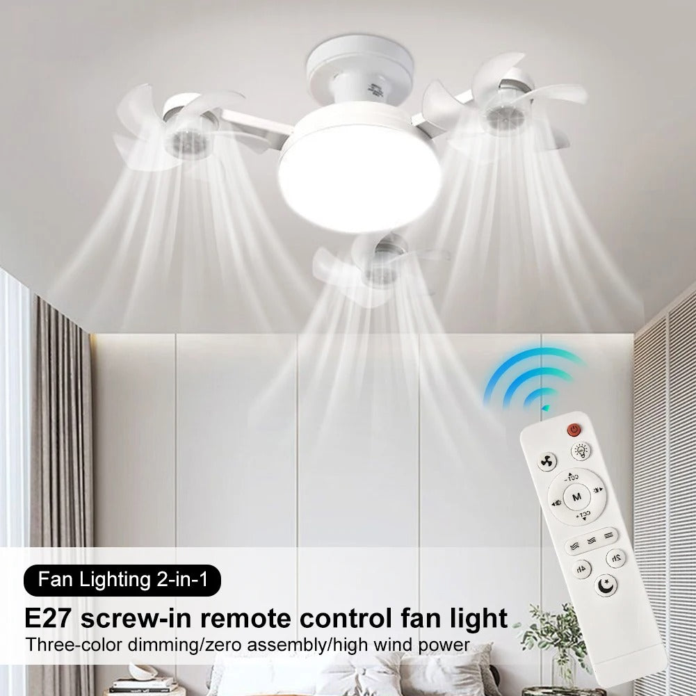 Drone Style Triple Head Ceiling Fan & LED Light with E27 Bulb Fit & Remote Control - Strong Wind & Energy Saving for Bedroom, Kitchen & Living Room