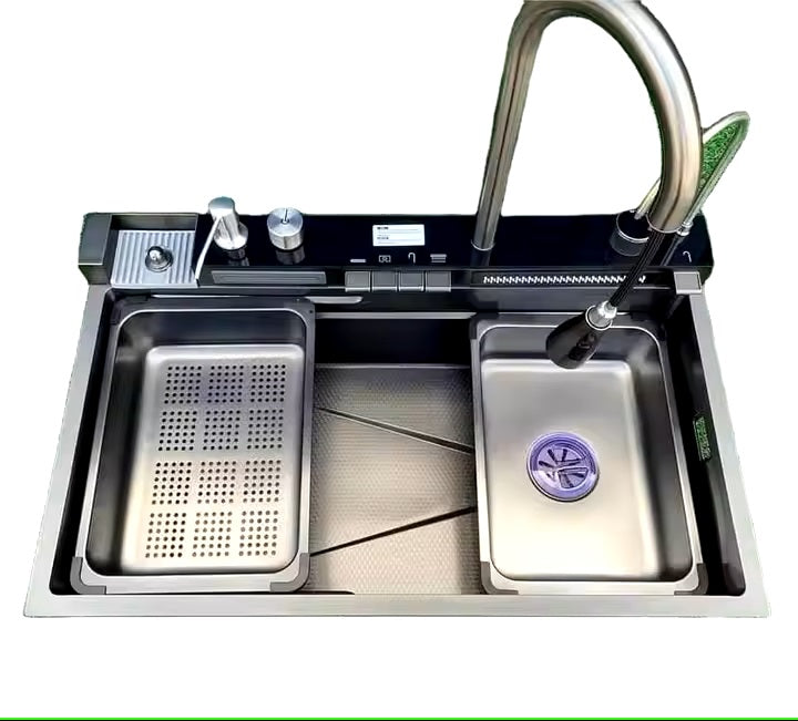 Premium Smart Stainless Steel Kitchen Sink with Waterfall & Pull-Down Faucet, RO Tap, Glass Washer, Draining Baskets, Temperature Display & Controller - 30 x 20 x 10 inch