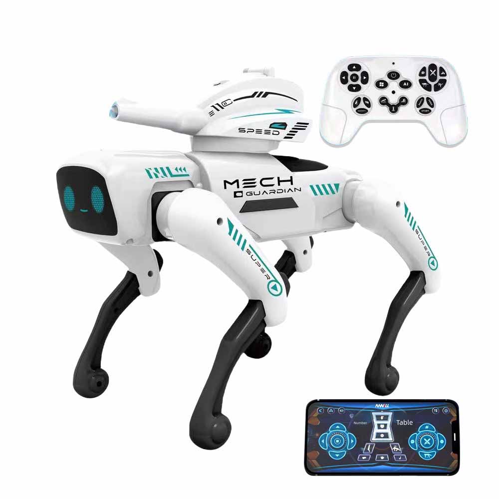 Mech Guardian Intelligent RC Robot Dog Toy with Water Bomb Launcher, LED Eyes, Dancing, and Educational Modes - Rechargeable & Mobile App Controllable