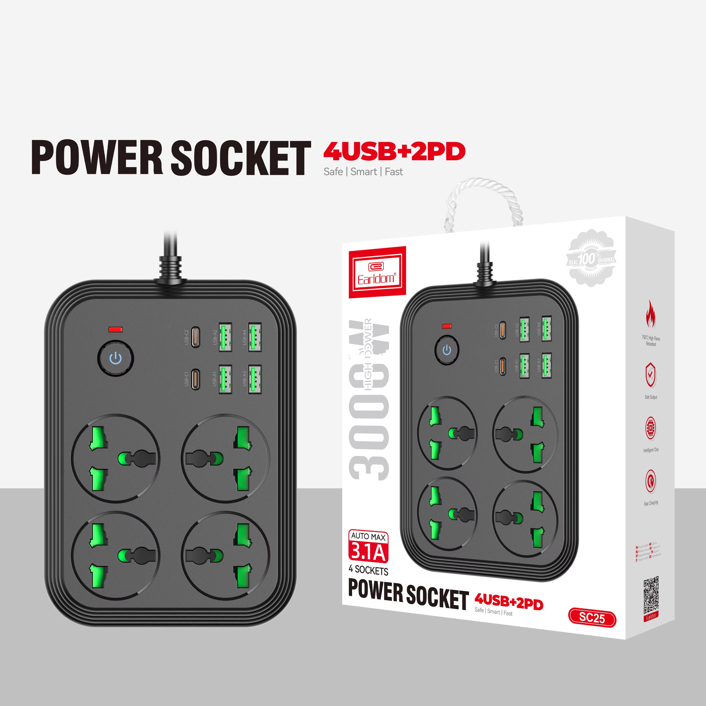 4-Way Universal Extension Board with Master Switch, 4 AC Sockets, 4 USB Ports, 2 Type-C PD Ports - 3000W Output