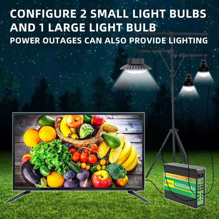 GDLIFE Times 32-Inch Solar Powered HD TV Entertainment & Power Kit with 50W Panel, 60,000mAh Battery Dual LED Bulbs, Remote Control & Lighting Kit