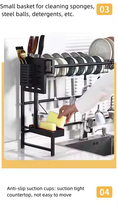 Adjustable Over-the-Sink Expandable Dish Drying Rack with Hooks & Cutlery Holder (62cm to 103cm)