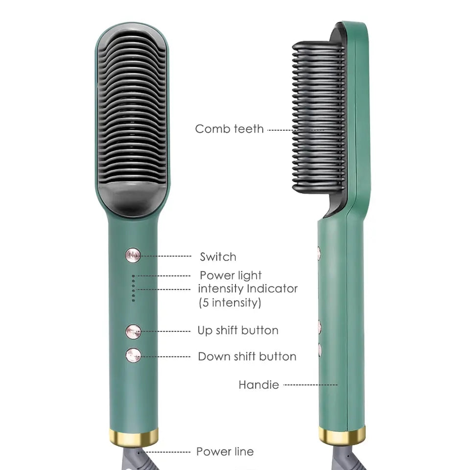 Professional Hair Straightening Hot Brush with 5 Temperature Levels, Anti-Scald Design & Dual Straightener Curler Function for All Hair Types