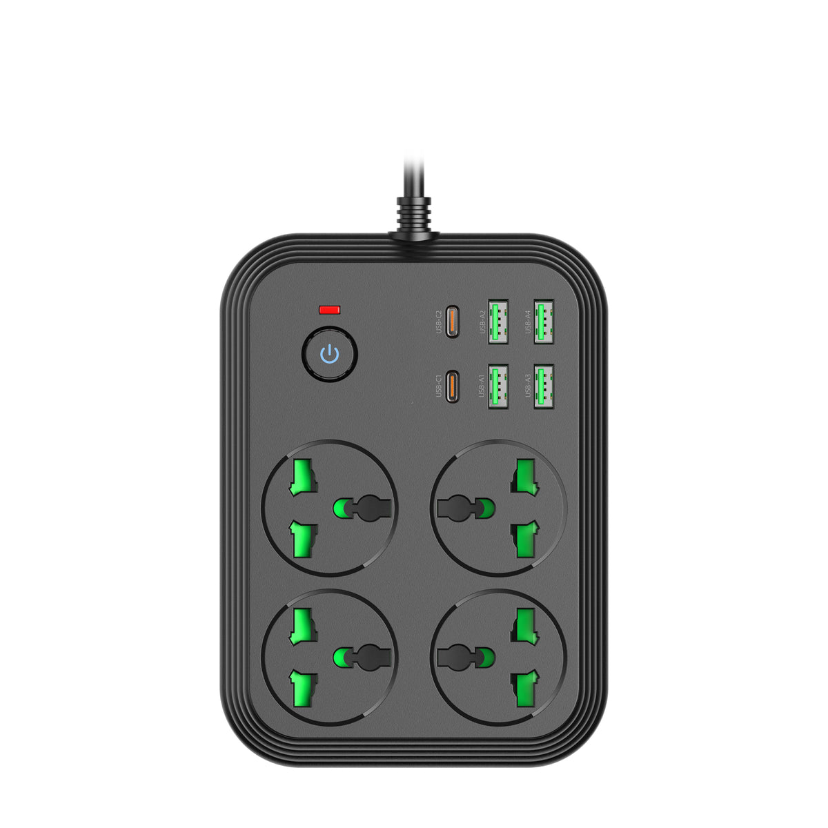 4-Way Universal Extension Board with Master Switch, 4 AC Sockets, 4 USB Ports, 2 Type-C PD Ports - 3000W Output