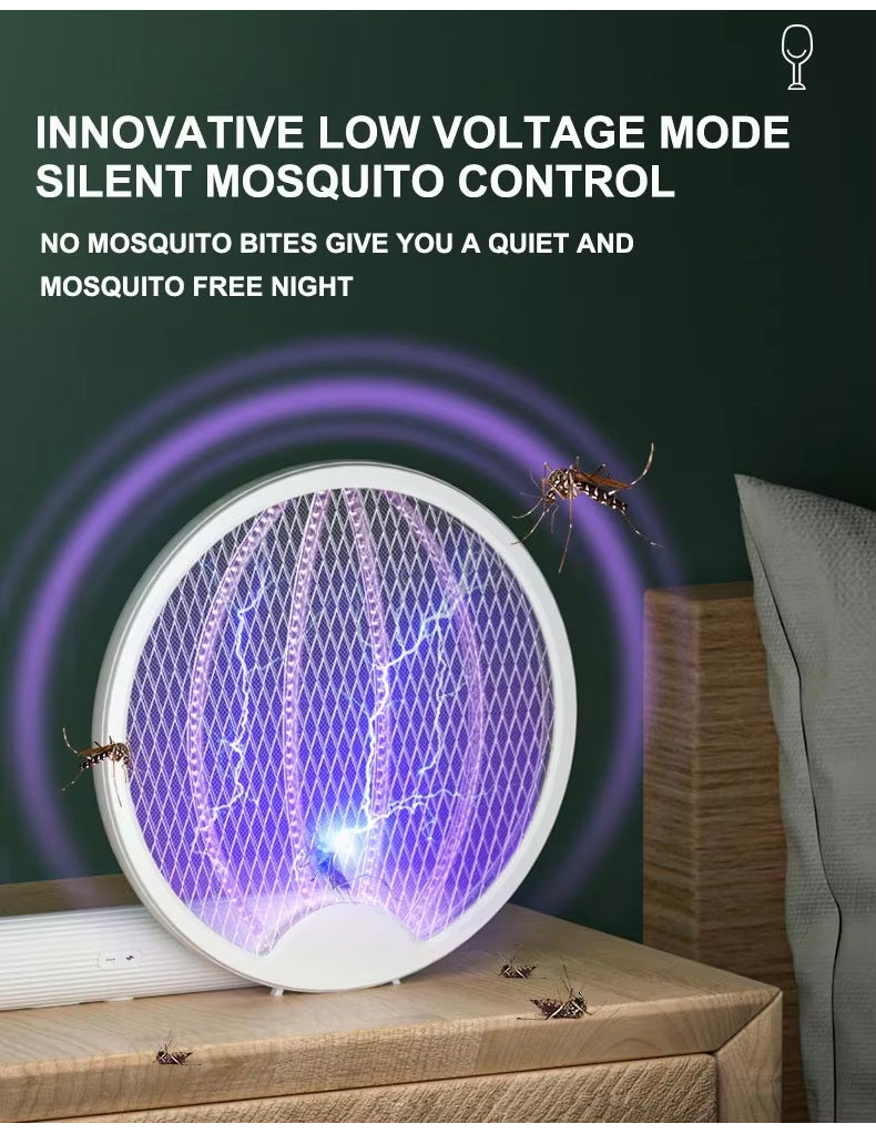 Rechargeable & Foldable Electric Fly & Bug Swatter Racket - Wall-Mountable & Standing Position