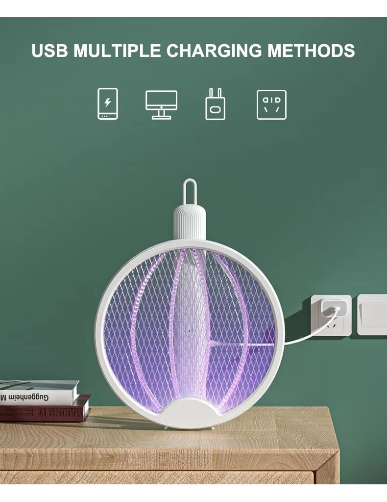Rechargeable & Foldable Electric Fly & Bug Swatter Racket - Wall-Mountable & Standing Position