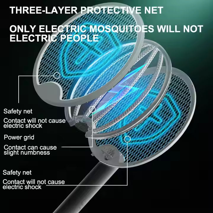 Rechargeable & Foldable Electric Fly & Bug Swatter Racket - Wall-Mountable & Standing Position