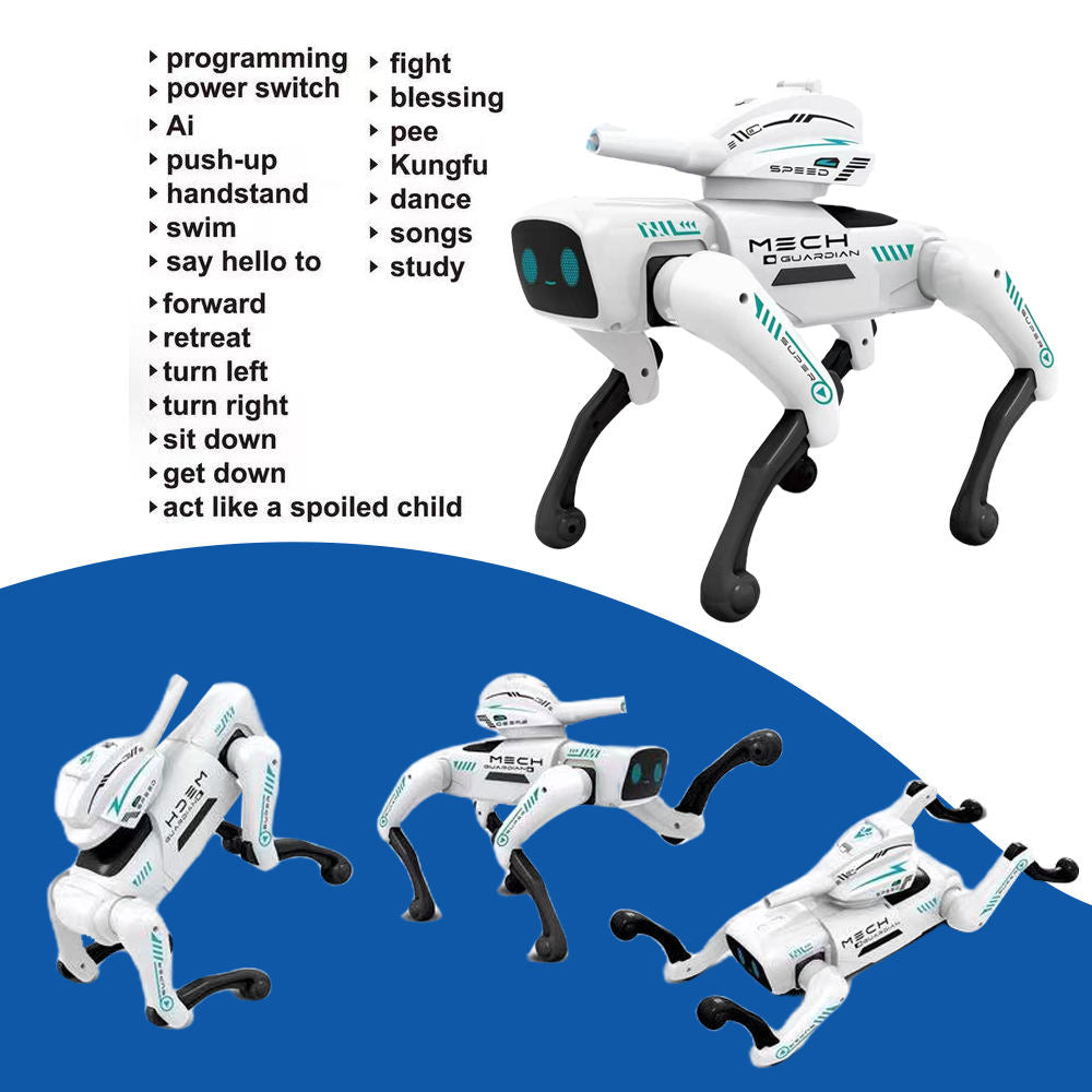 Mech Guardian Intelligent RC Robot Dog Toy with Water Bomb Launcher, LED Eyes, Dancing, and Educational Modes - Rechargeable & Mobile App Controllable