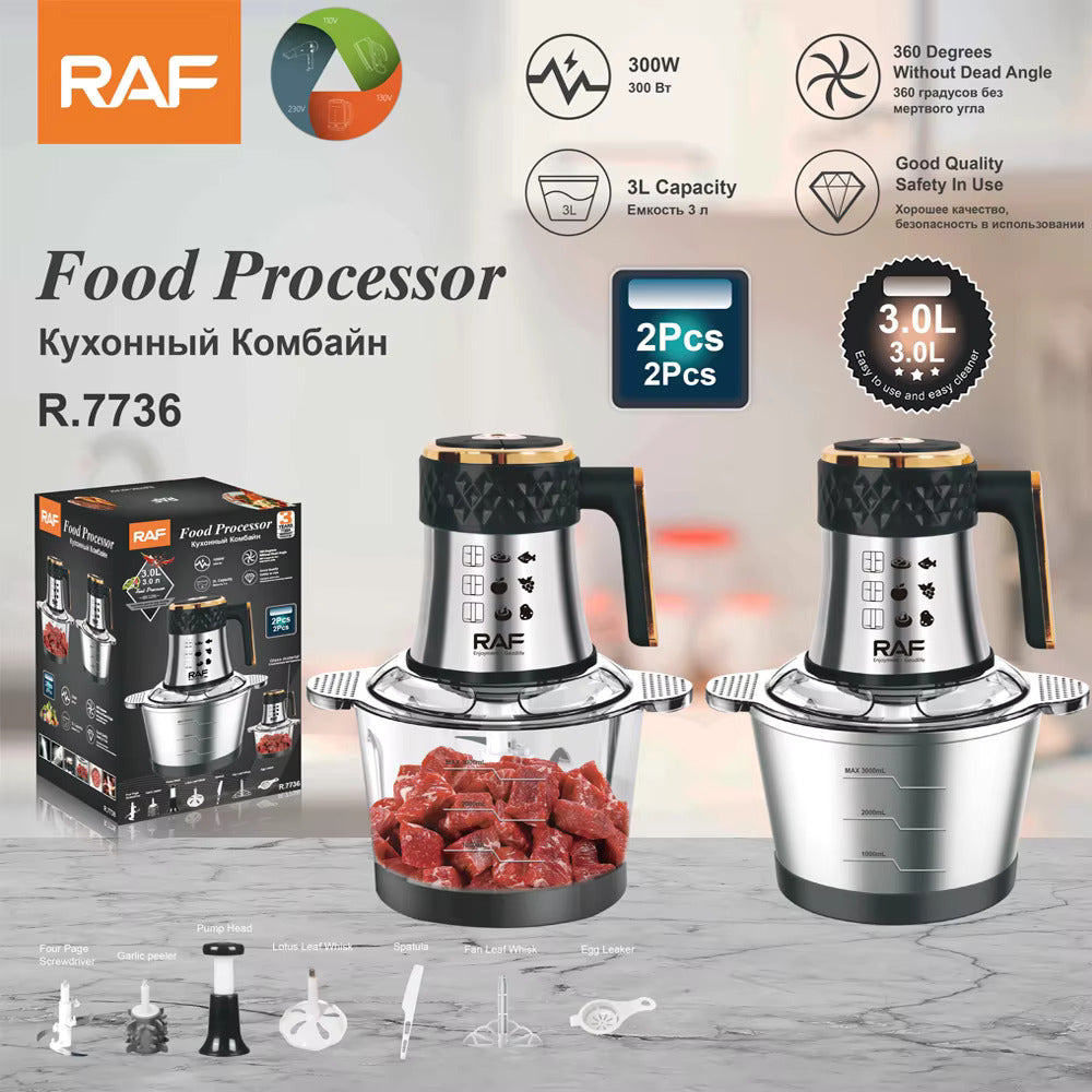 RAF 300W 3L Food Processor with Glass & Stainless Steel Bowls, 360° Sharp Blades & Easy Cleaning