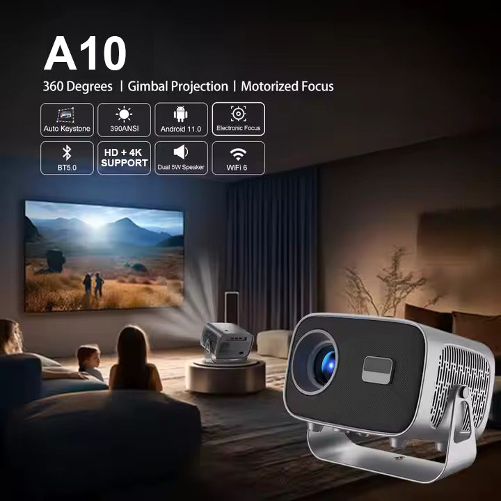 A10 Smart Android 4K WiFi Projector with Built-in Speaker, 200 Lumens, Bluetooth 5.0 with HDMI & Dual USB Ports.