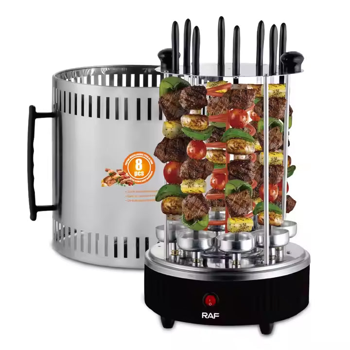 RAF Electric Vertical Rotating Charcoal Skewer Barbecue Grill - 8 Skewers & 1200W