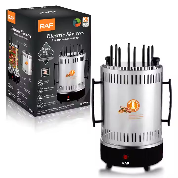 RAF Electric Vertical Rotating Charcoal Skewer Barbecue Grill - 8 Skewers & 1200W