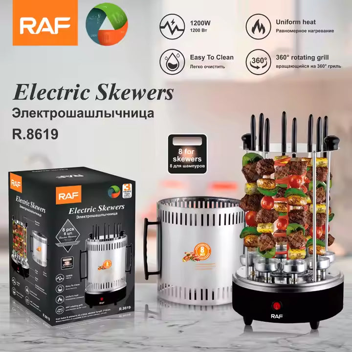 RAF Electric Vertical Rotating Charcoal Skewer Barbecue Grill - 8 Skewers & 1200W