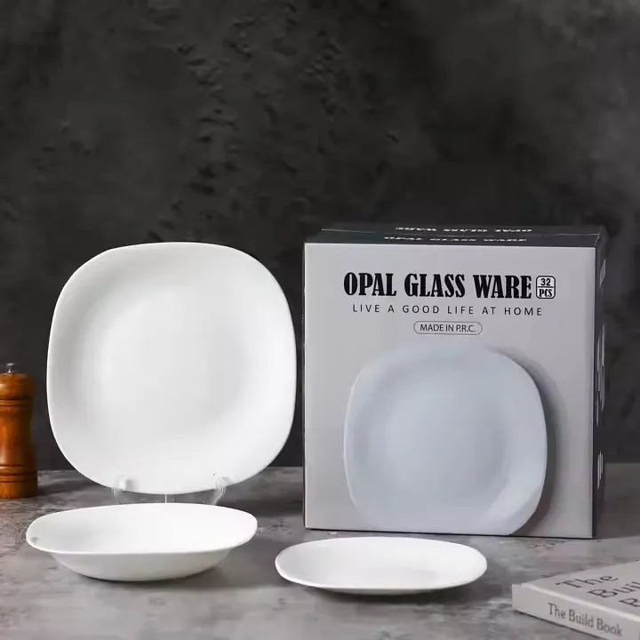 Opal 32-Pieces Modern Rounded Square Glassware Dinner Dish Set