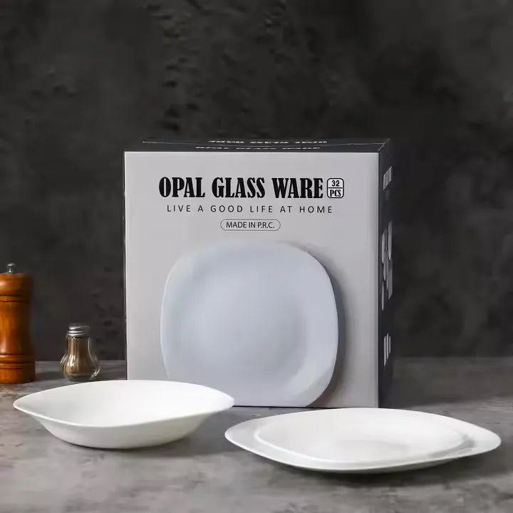 Opal 32-Pieces Modern Rounded Square Glassware Dinner Dish Set