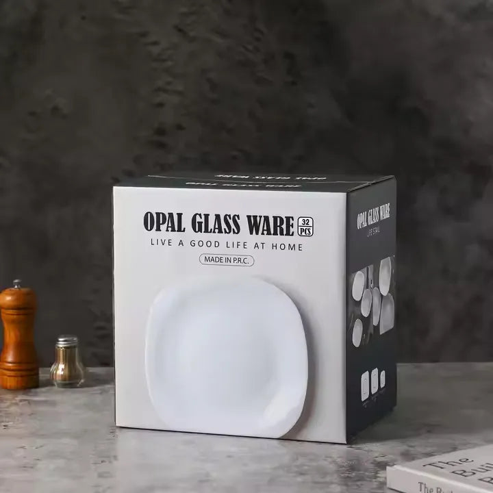 Opal 32-Pieces Modern Rounded Square Glassware Dinner Dish Set