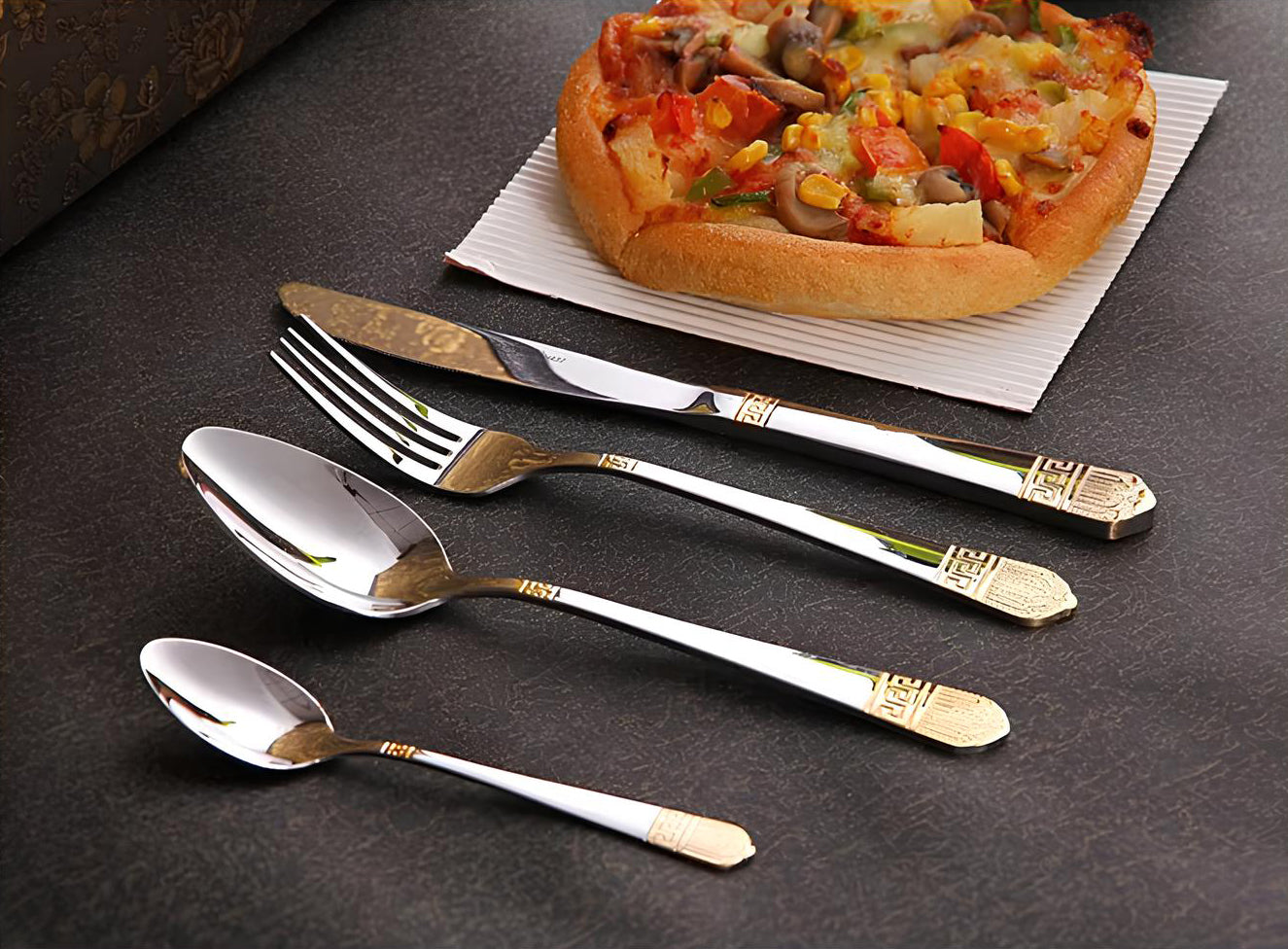 Hoff Mayer Elegant 84-Piece Stainless Steel Silver Flatware Set with Wooden Storage Box