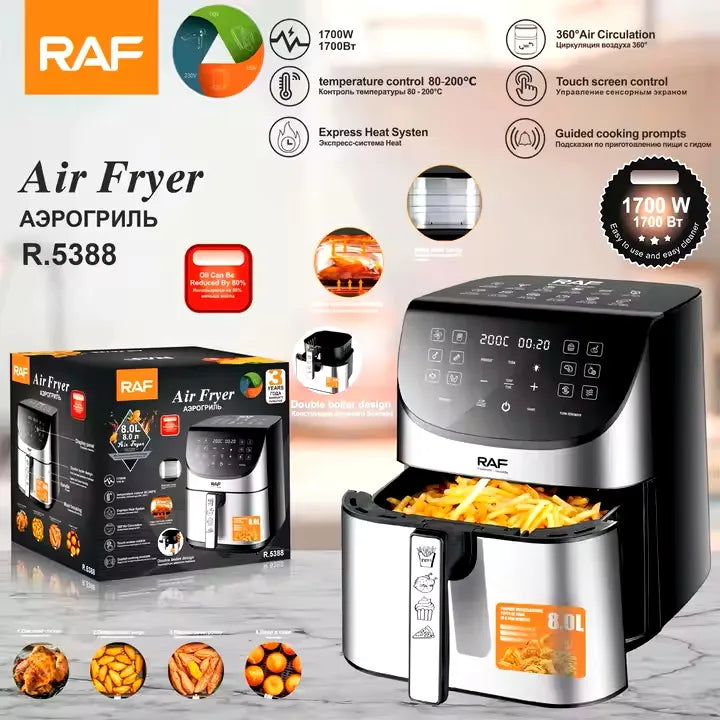 RAF 8L Smart Air Fryer with Tuya Mobile App Control, Stainless Steel Body, Temperature Control, Touch Screen - 1700W