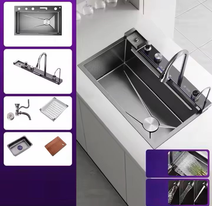 Premium Smart Stainless Steel Kitchen Sink with Waterfall & Pull-Down Faucet, RO Tap, Glass Washer, Draining Baskets, Temperature Display & Controller - 30 x 20 x 10 inch