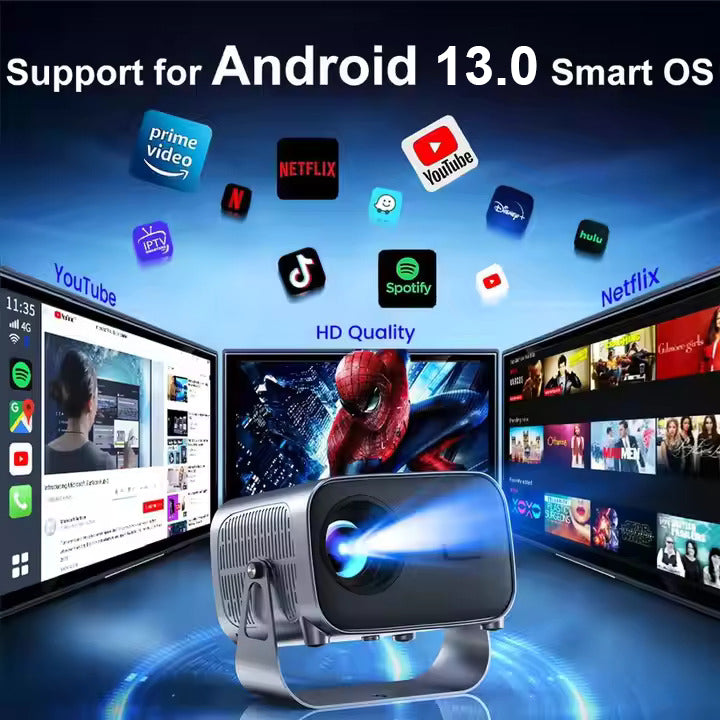 A10 Smart Android 4K WiFi Projector with Built-in Speaker, 200 Lumens, Bluetooth 5.0 with HDMI & Dual USB Ports.