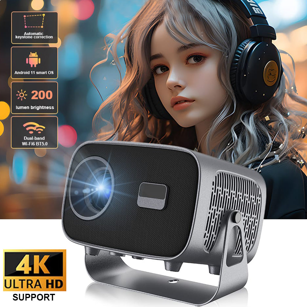 A10 Smart Android 4K WiFi Projector with Built-in Speaker, 200 Lumens, Bluetooth 5.0 with HDMI & Dual USB Ports.