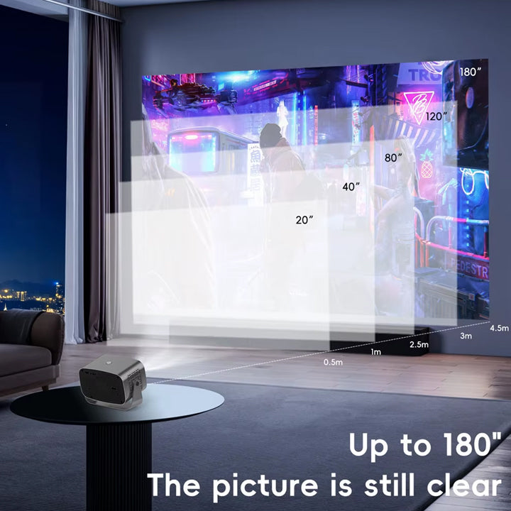 A10 Smart Android 4K WiFi Projector with Built-in Speaker, 200 Lumens, Bluetooth 5.0 with HDMI & Dual USB Ports.