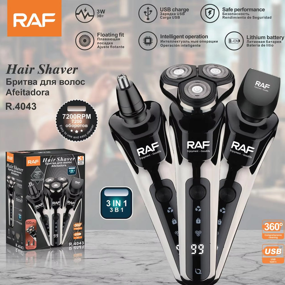 RAF 3-in-1 Electric Hair Shaver, Trimmer & Nasal Clipper with Carbon Steel Blades and LCD Display