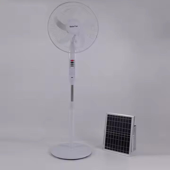 3-in-1 Rechargeable Solar Standing Fan – 16 Inch | Adjustable Height, LED Light, Speed Control & USB Charging Port