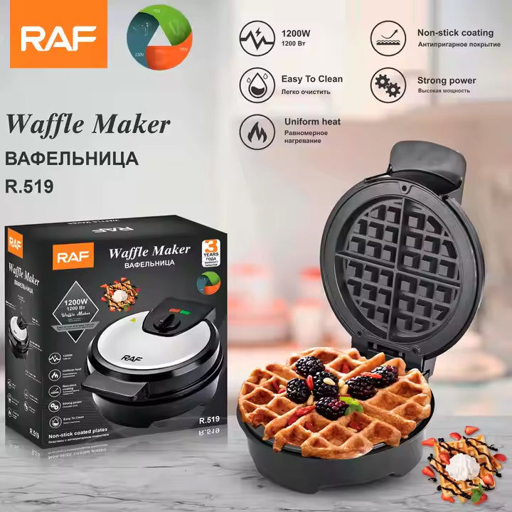 RAF High-Power Waffle Maker with Non-Stick Surface & Adjustable Temperature - 1200W