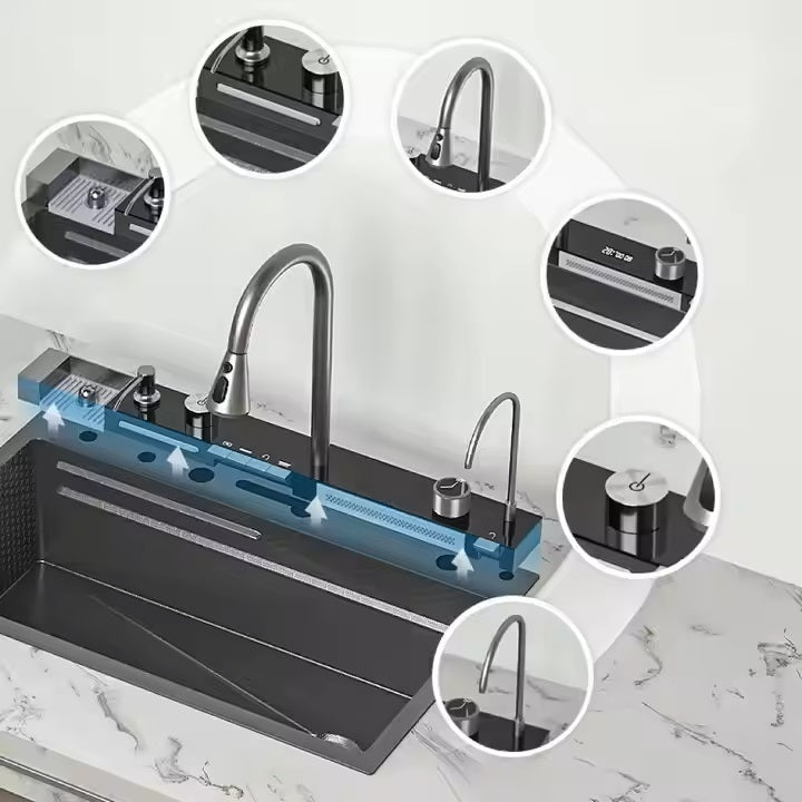 Premium Smart Stainless Steel Kitchen Sink with Waterfall & Pull-Down Faucet, RO Tap, Glass Washer, Draining Baskets, Temperature Display & Controller - 30 x 20 x 10 inch