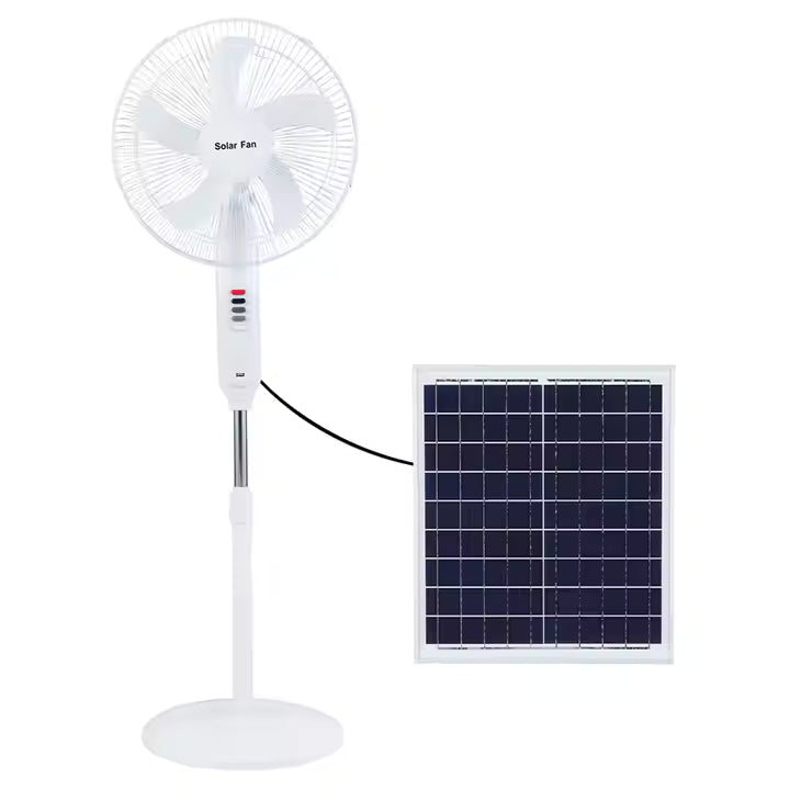 3-in-1 Rechargeable Solar Standing Fan – 16 Inch | Adjustable Height, LED Light, Speed Control & USB Charging Port