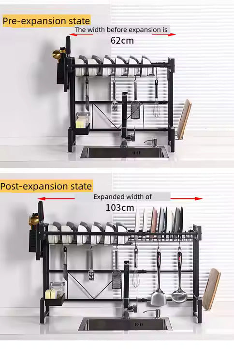 Adjustable Over-the-Sink Expandable Dish Drying Rack with Hooks & Cutlery Holder (62cm to 103cm)