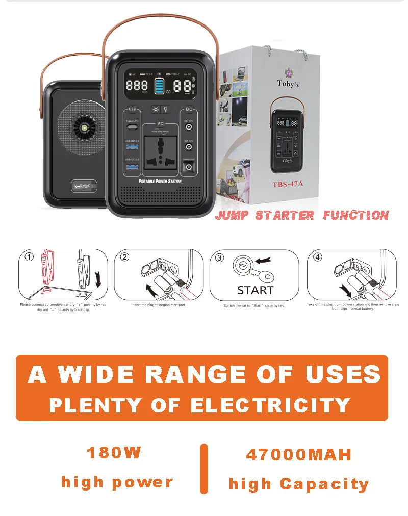 Toby's Portable Power Station with Fast Charging, Car Jump Starter, and Multiple Charging Options - 47000mAH capacity