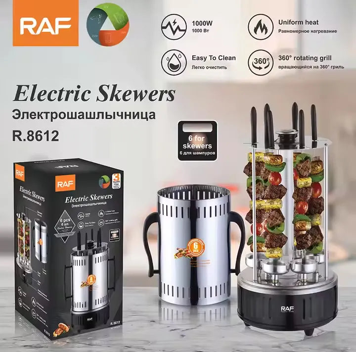 RAF Electric Skewers BBQ Machine with Automatic Rotation and 6 Skewers for Grilling - 1000W