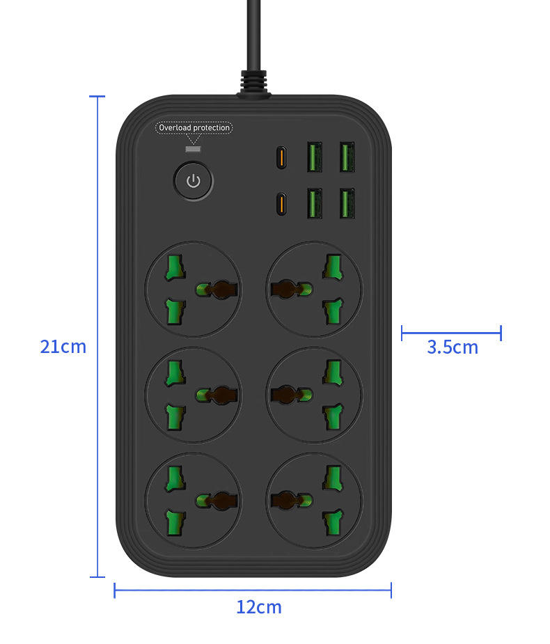 Power Socket T24, 3000W High Power Multi-Function Extension Strip with 6 Outlets, 4 USB-A Ports, 2 Type-C Ports, 2m Cable, Flame Retardant Safety Design