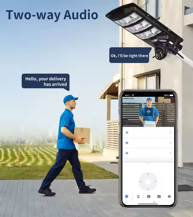 2-in-1 Solar Street Light with 4G & 4K AI Camera, Night Vision, Motion Sensor, Mobile App & Remote Control – 450W