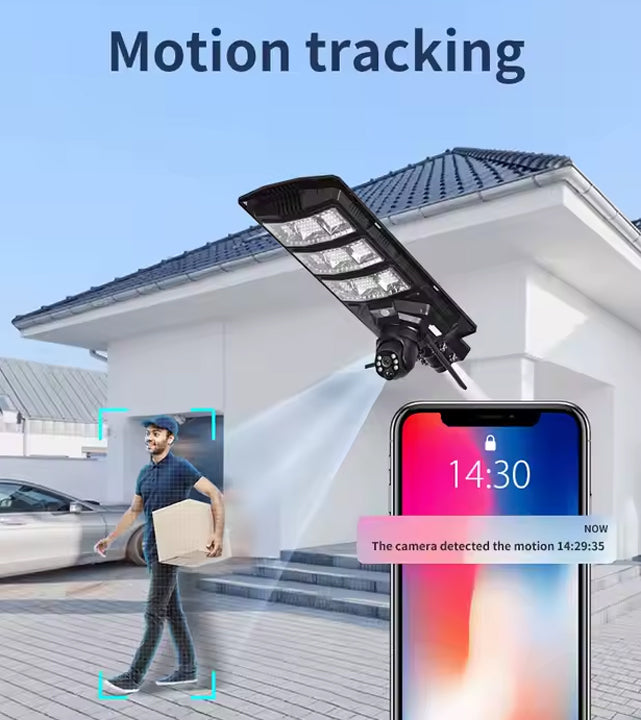 2-in-1 Solar Street Light with 4G & 4K AI Camera, Night Vision, Motion Sensor, Mobile App & Remote Control – 450W