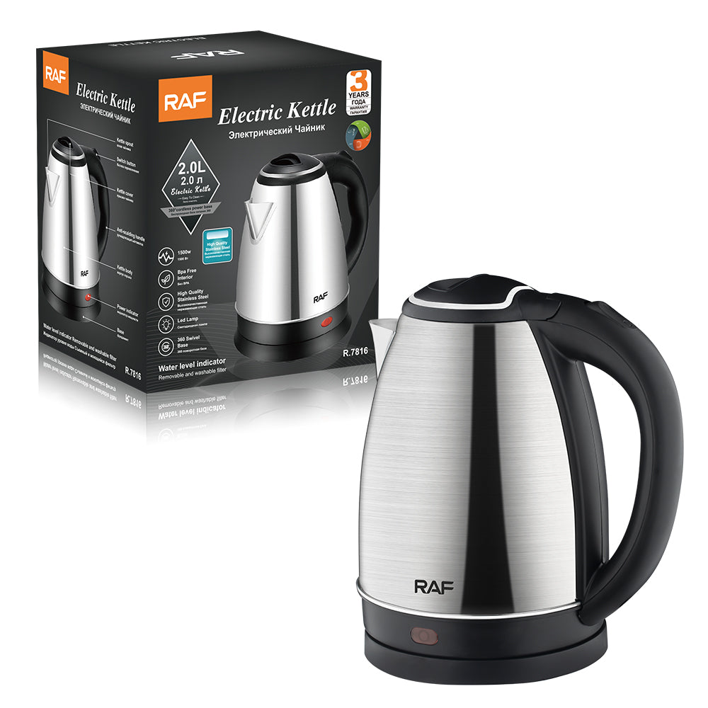 RAF 2.0L Stainless Steel Electric Kettle with 1500W Fast Heating, BPA-Free Interior, LED Indicator, 360° Swivel Base & Auto Shut-Off – Model R.7816